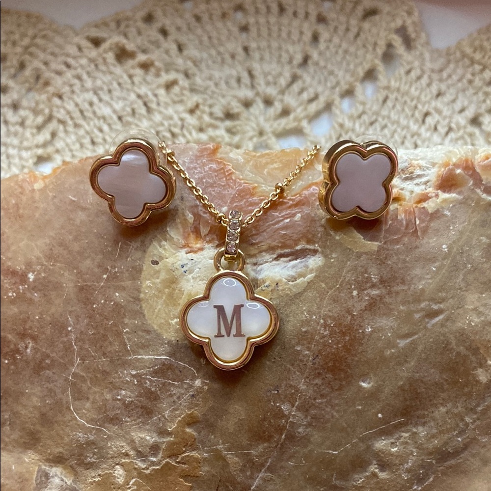 Gold and White Initial Pendant Necklace and Earring Set